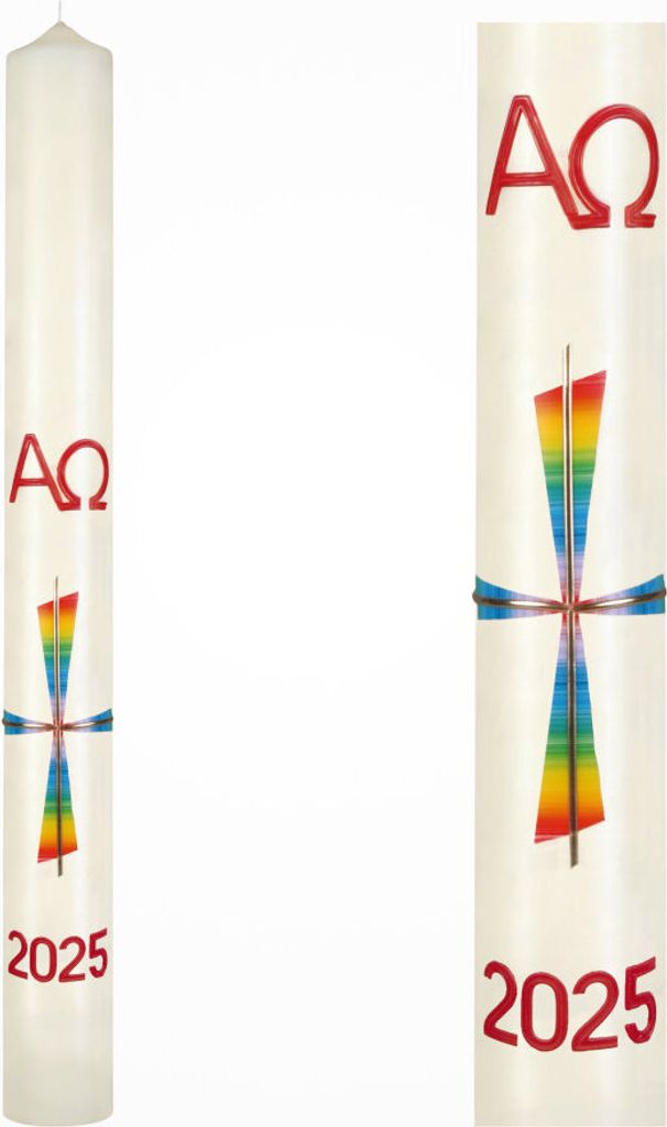 Osterkerze, verziert mit der aktuellen Jahreszahl. Die hochwertige Altarkerze stammt und enthält 10 % Bienenwachs. Sie ist in der Farbe Elfenbein ...