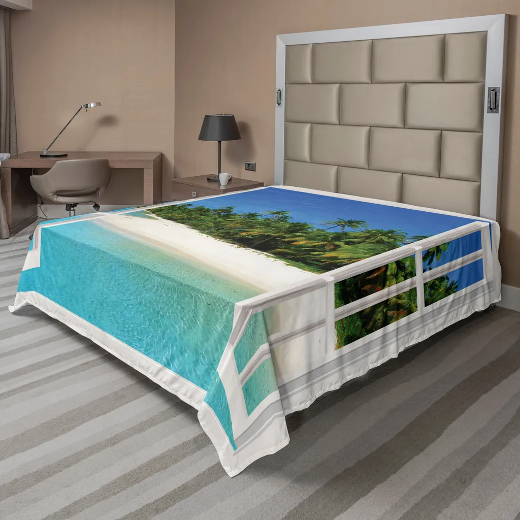 ABAKUHAUS Drap de Lit Océan 260x228 cm Motif Palmiers Art Bleu Blanc