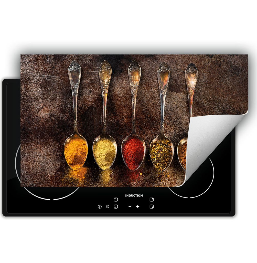 DarHaus Herdabdeckplatte 90x52 cm Anti Rutsch Matte Aufrollbar, Löffel - Gewürze