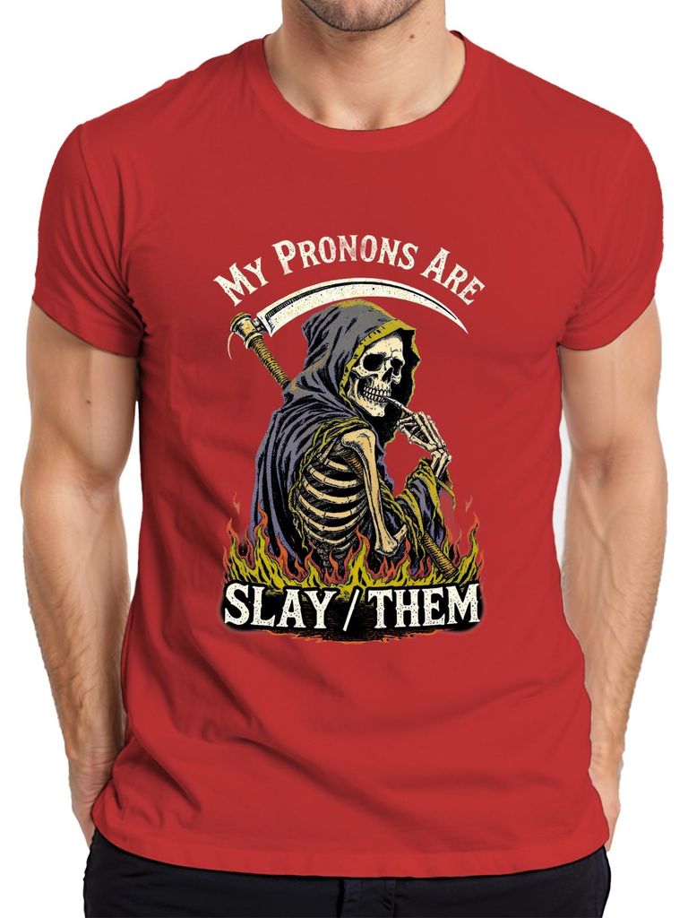 My Pronouns Are Slay Them Skelett Sensenmann Flamme düster Herren T-Shirt, Rot, XXL