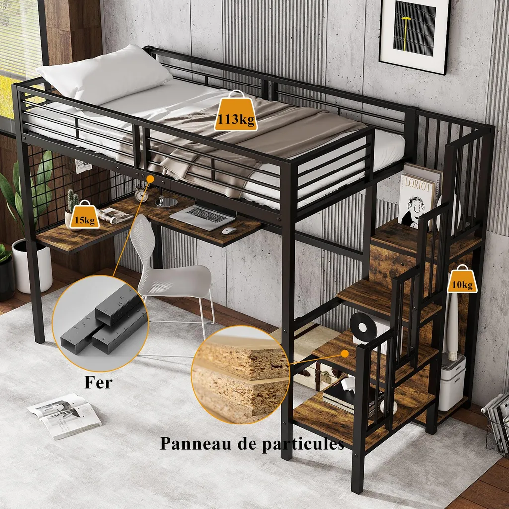 Lit Combiné Mezzanine Junior 90x200 avec Bureau et Armoire Intégrée
