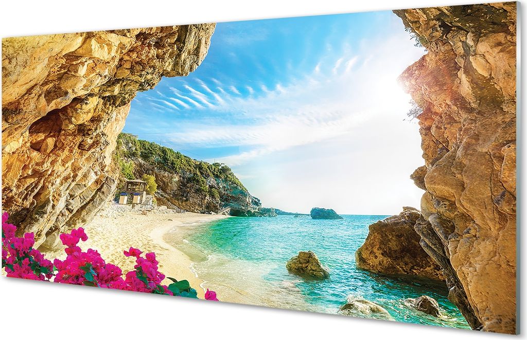Glasbilder 140x70 Wandkunst Griechenland Küste Klippen Blumen