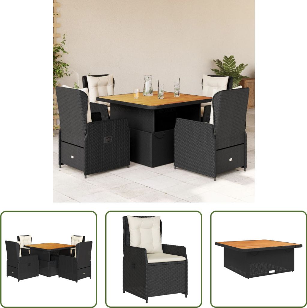 The Living Store 5-tlg. Garten-Essgruppe mit Kissen Schwarz Poly Rattan