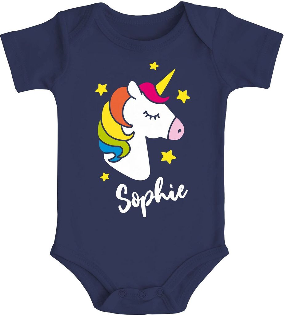 Baby Body mit Namen bedrucken lassen Einhorn Aufdruck personalisierbar Namensgeschenk kurzarm Baumwolle SpecialMe navy 0-3 Monate