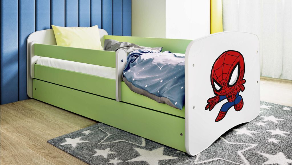 Kinderbett Jugendbett Spiderman 70x140, 80x160, 80x180 cm - Komplettset mit Matratze, Schublade & Rausfallschutz