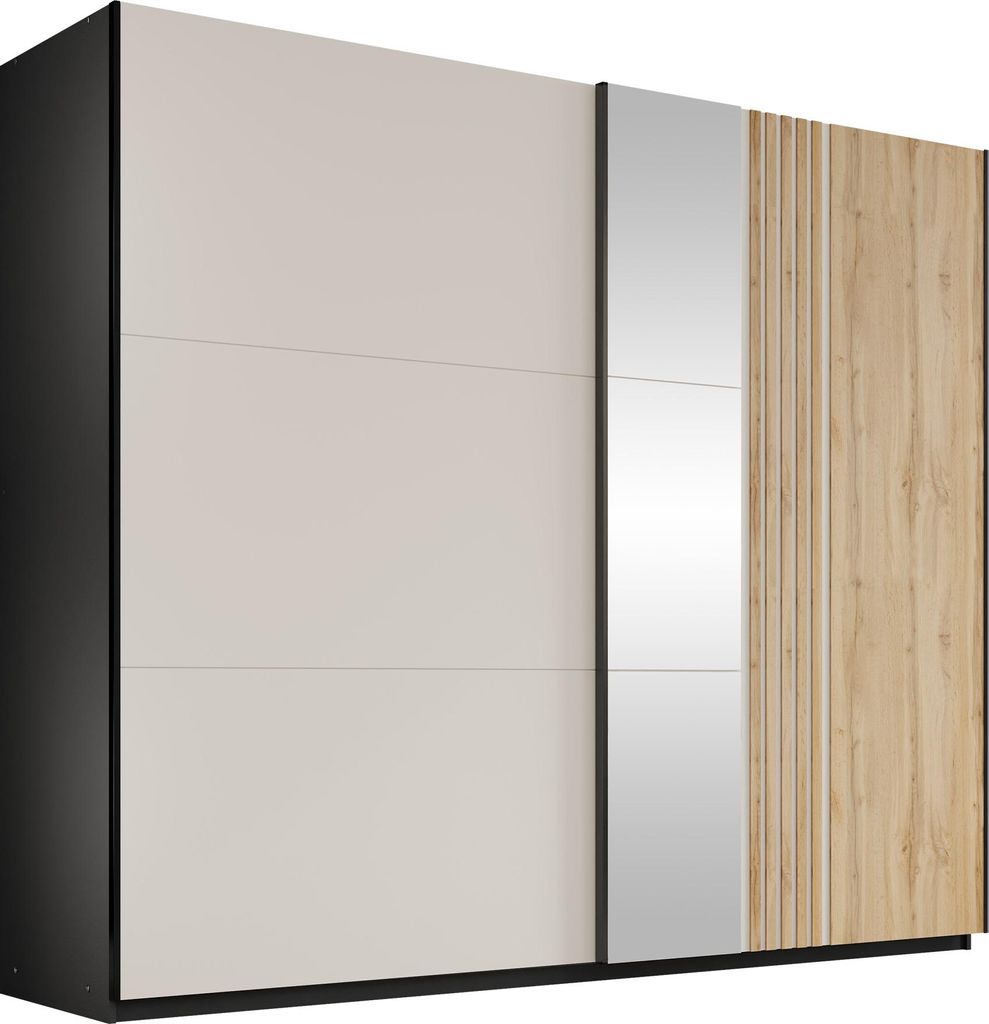 MIRJAN24 Kleiderschrank Evora 250 mit zwei Schiebetüren zwei Schubladen drei Kleiderstangen, Frontspiegel (Farbe: Schwarz / Cashmere + Wotan Eiche)