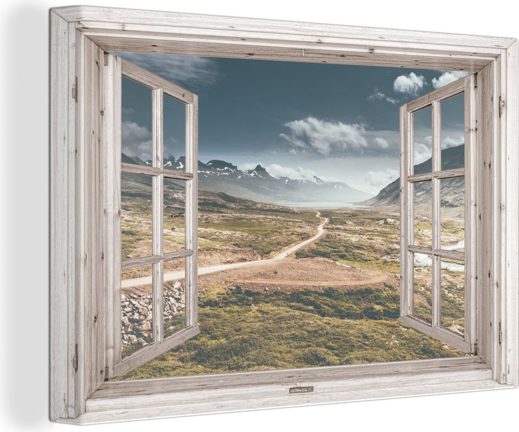 OneMillionCanvasses - Leinwandbilder - 140x90 cm, Aussicht - Berg - Holz, - Geöffnetes Fenster - Fensterblick Schlafzimmer Kunstdruck Wanddekora...