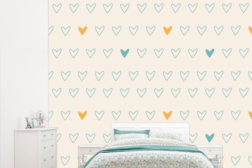 MuchoWow Fototapete für Wohnzimmer oder Schlafzimmer Wandtapete Vinyl Motivtapete Minimalismus - Muster - Baby - Herz - 315x260 cm - Gemustert