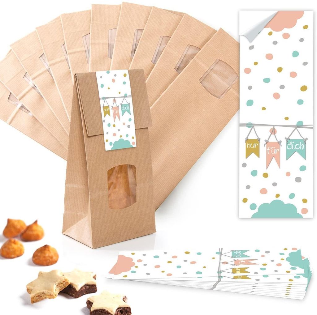 Verpackung 10 kleine braune Blockbodenbeutel Geschenk-Tüte MIT Fenster + Pergamineinlage 10,5 x 6,5 x 29 cm + 10 Aufkleber 5 x 15 cm Welt nur für...