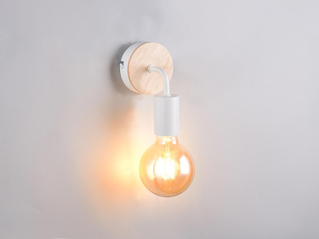 Kleine LED Wandleuchte innen Metall in Weiß und Holz, Höhe 15,5cm