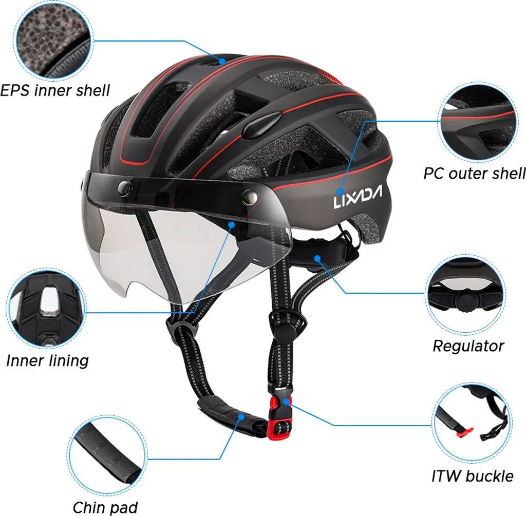 Casque de vélo avec lunettes magnétiques et éclairage LED pour adulte