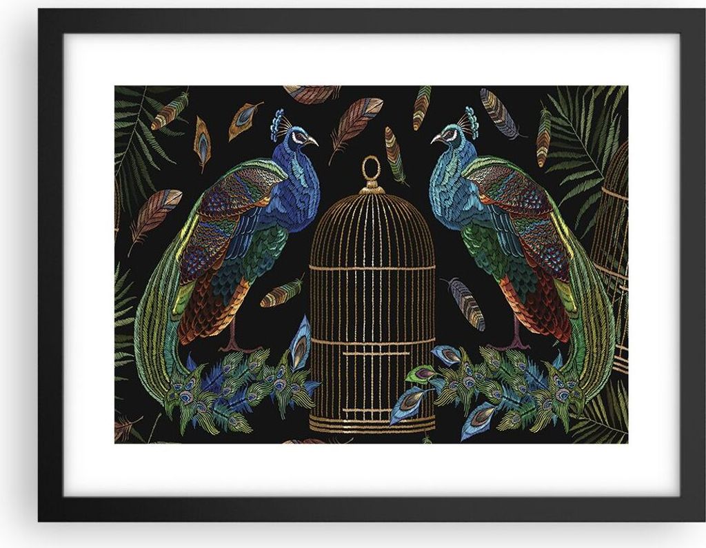 Gerahmtes Poster - Schwarzer Rahmen - Pfauen Gold Käfig - 40x30 cm - Wand Bild - Wanddeko - Wandbilder - Kunstposter - Wandposter - Bilderrahmen -...