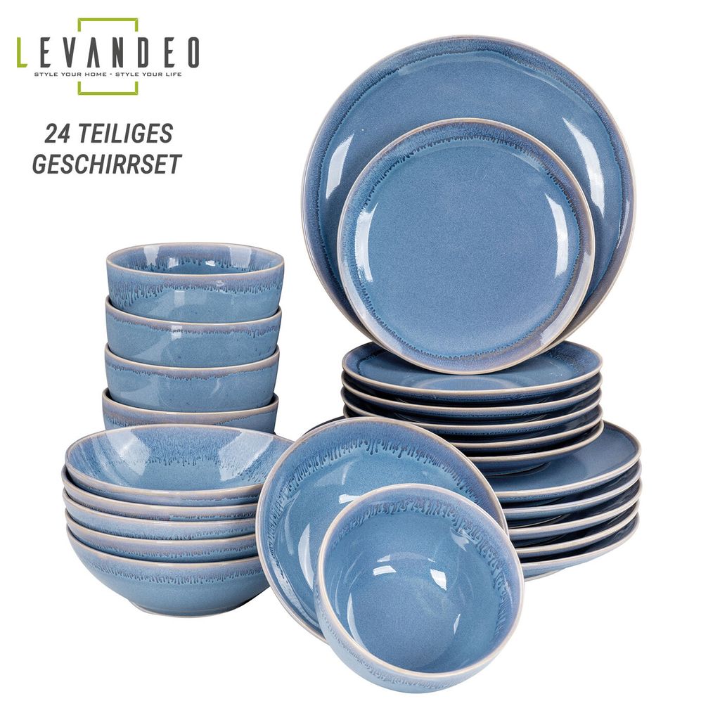24tlg. Geschirrset 6 Personen Steingut Blau Tafelservice Schüssel Teller Mikrowellenfest Spülmaschinenfest Kombiservice Modern Design