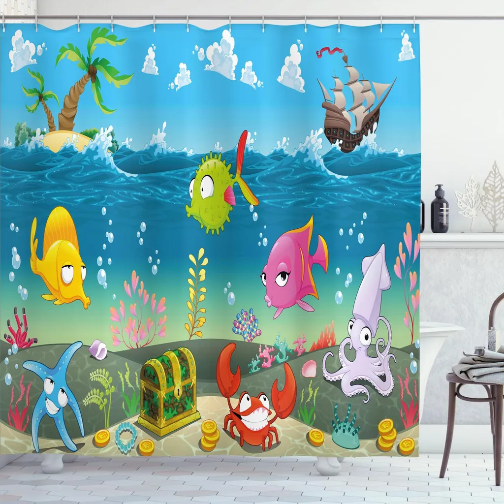 Rideau de douche pour enfant thème Mer et Pirates 175 x 240 cm XXL