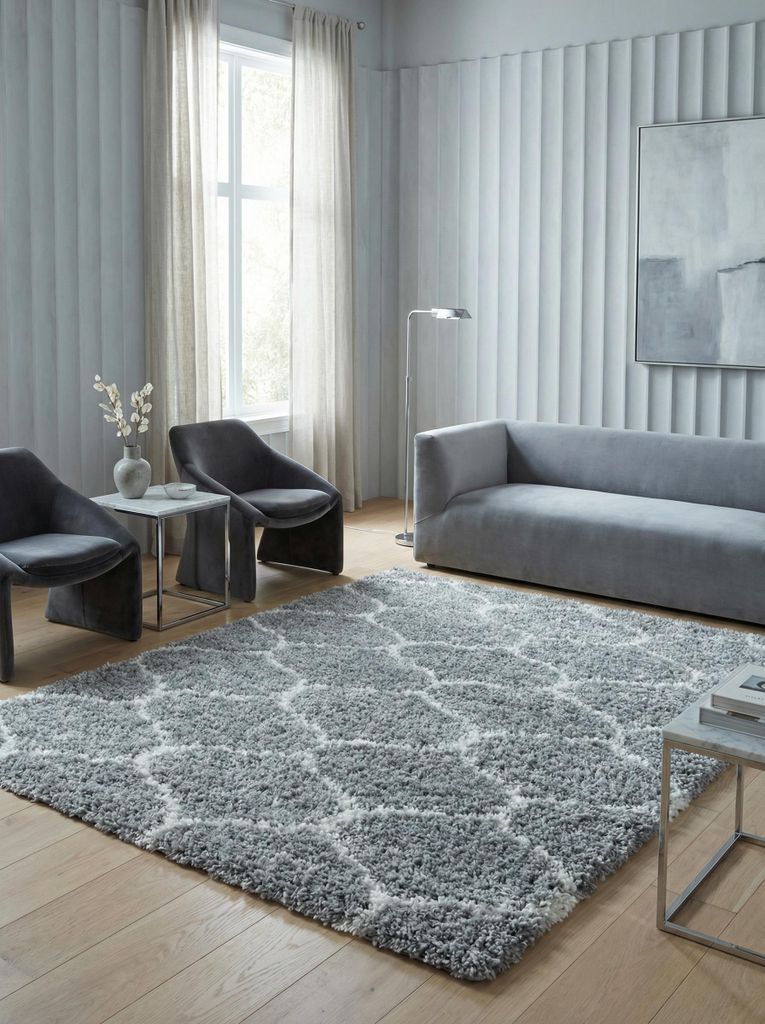 Flauschiger Teppich Skandinavisch Samtweich Waschbar Strapazierfähig | Grau 280x370 cm Flur Gekettelt Schnelltrocknend | RONDA – Kadima Design