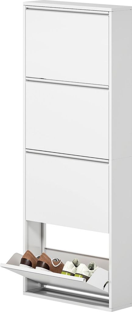 Schmaler Schuhschrank aus Metall für bis zu 8 Paar Schuhe, 4 Kippschubladen, für Flur, Eingangsbereich, Weiß