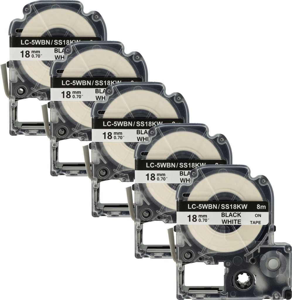 vhbw 5x Schriftband-Kassette kompatibel mit KingJim SR-PBW1, SR-RK1, SR750, SR950 Etiketten-Drucker 8m x 18mm Schwarz auf Weiß