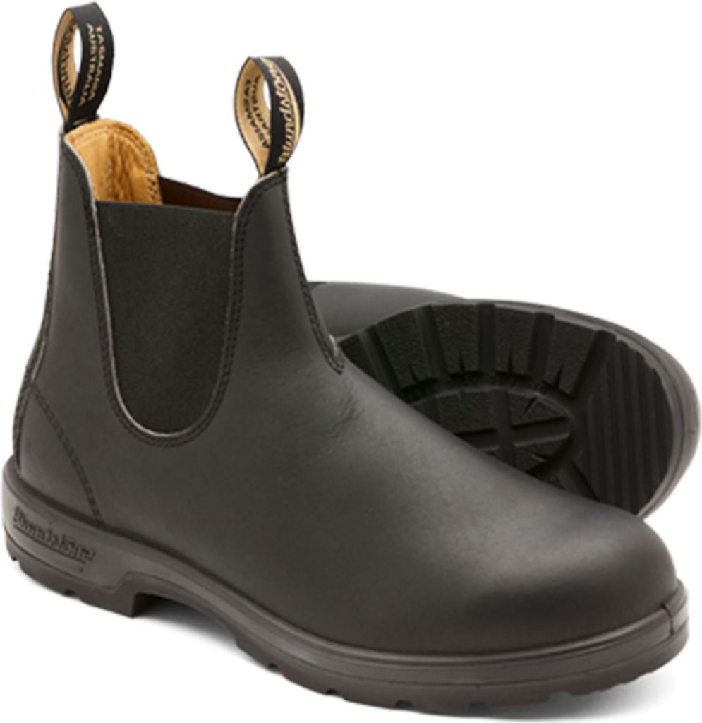 A pair of black leather Chelsea boots.