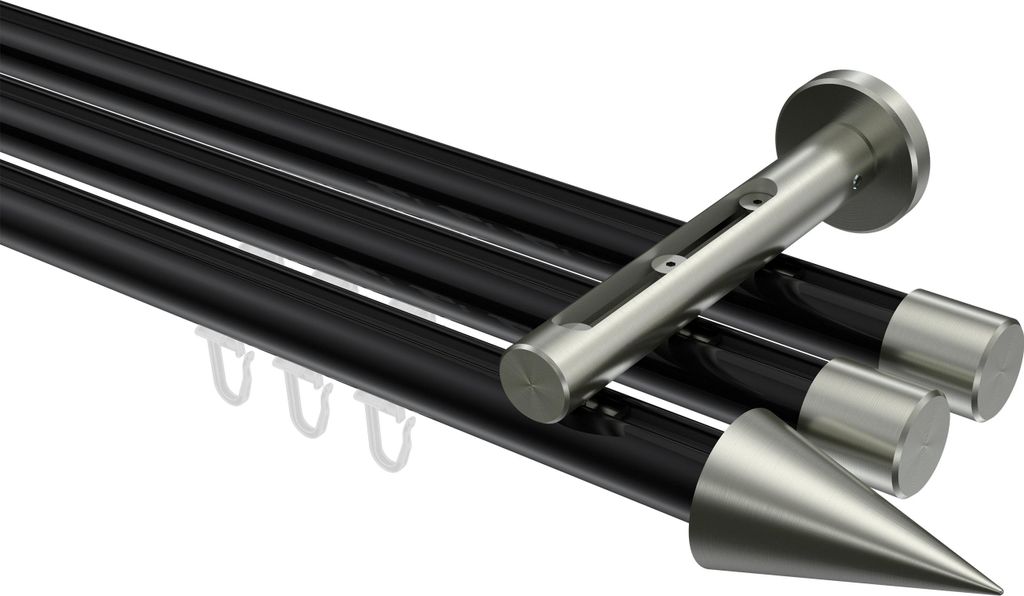 Interdeco Innenlaufstange / Gardinenstange mit Innenlauf Schwarz / Edelstahl-Optik, Typ Siteno Savio (Kegel), 20 mm Ø 3-läufig, 320 cm
