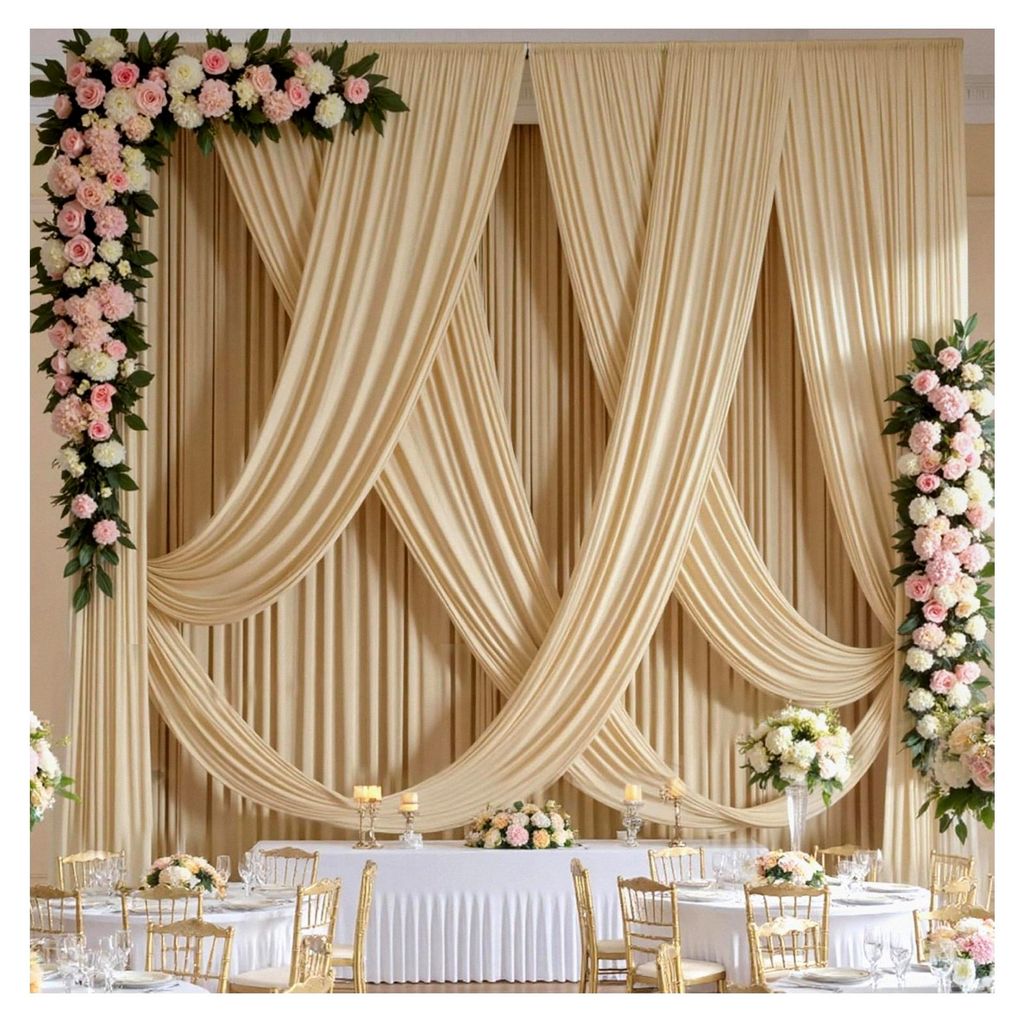 Deckenvorhang für Hochzeiten und Partys, 5 × 6 m, beige, 2 Paneele, 15,2 x 6,8 m lang, knitterfrei, seidig, einfach zu drapieren und aufzuhängen