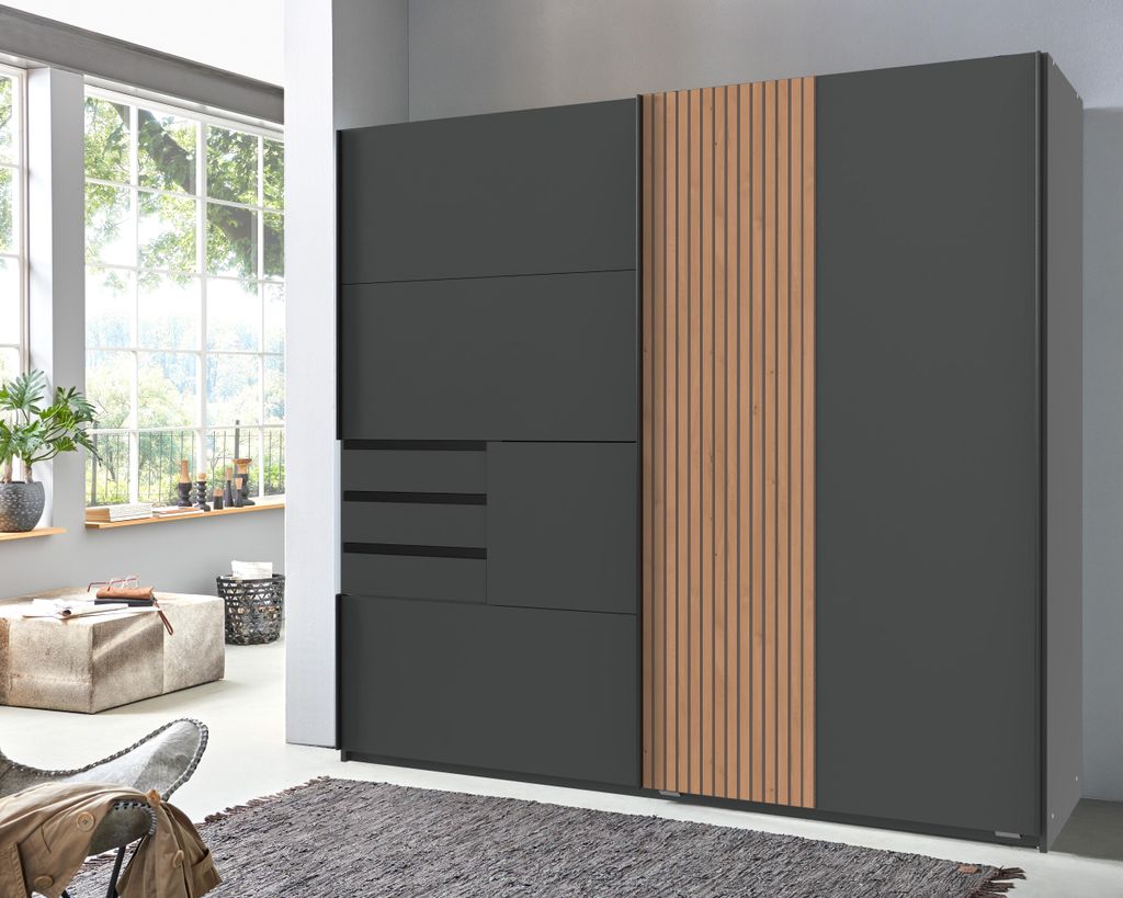 Kleiderschrank Coburg in Grafit mit Akustiklamellen in Artisan Eiche – Schwebetürenschrank