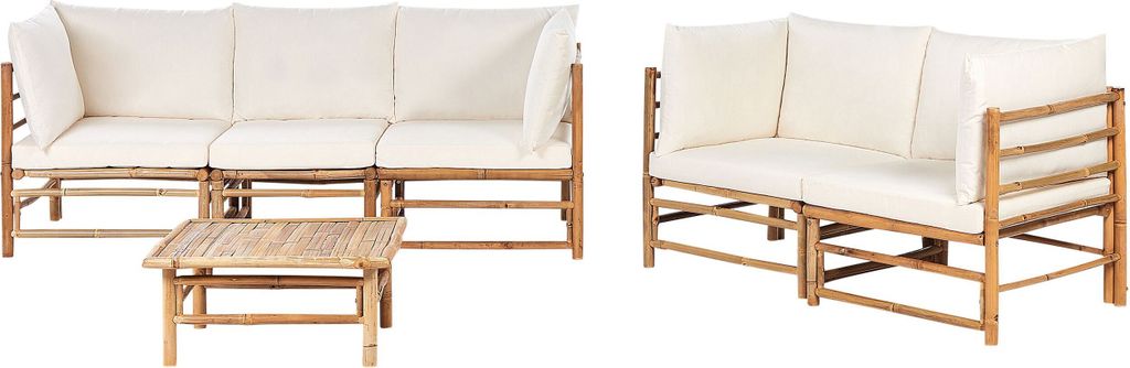 BELIANI Lounge Set 3-Teilig Hellbraun u. Cremeweiß Bambusholz 2-Sitzer u. 3-Sitzer Sofa mit Couchtisch 14 Kissen Garten Terrasse Outdoor Ausstattung