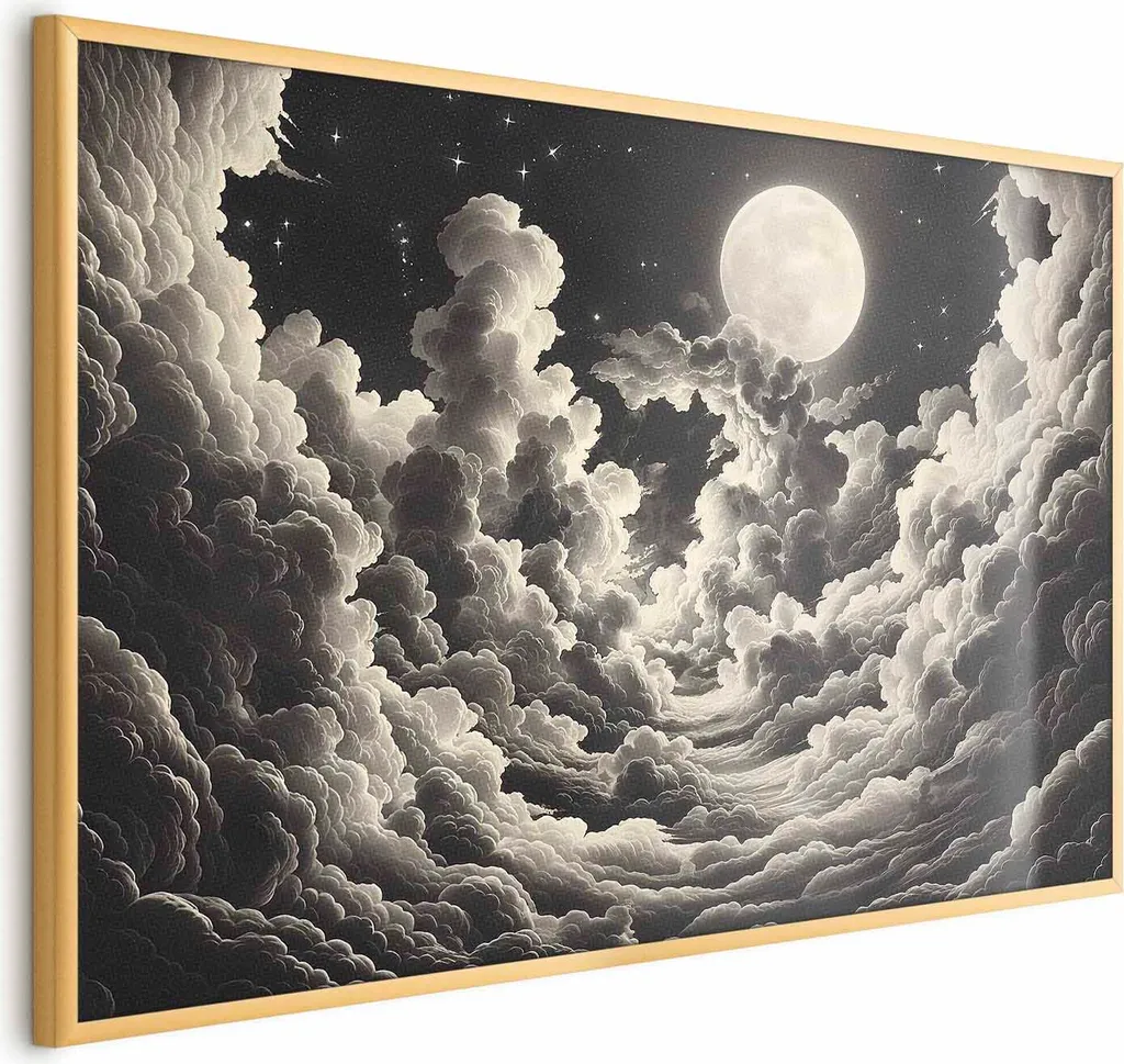 Quadro Luna e Nuvole 90x60 Oro - Poster Decorativo Senza Margini