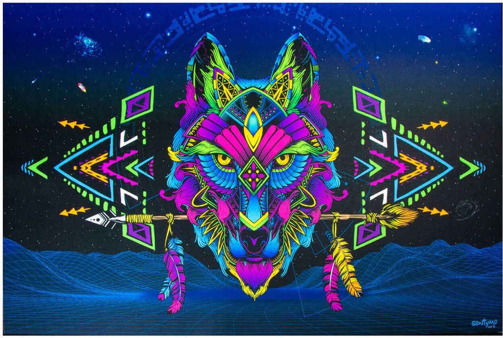 PSYWORK Schwarzlicht Bodenbelag Läufer Neon "Sentymo Wolf", 0,9x1,5m