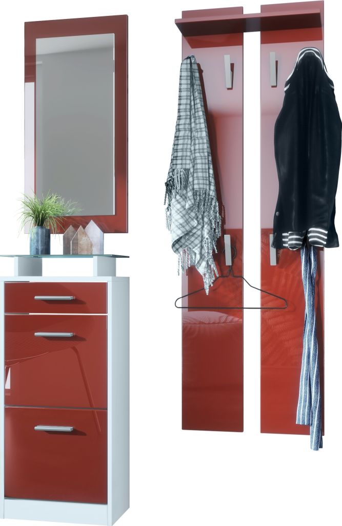 Vladon Garderobenset Garderobe Loret V2 Mini, Korpus in Weiß matt / Front in Bordeaux Hochglanz