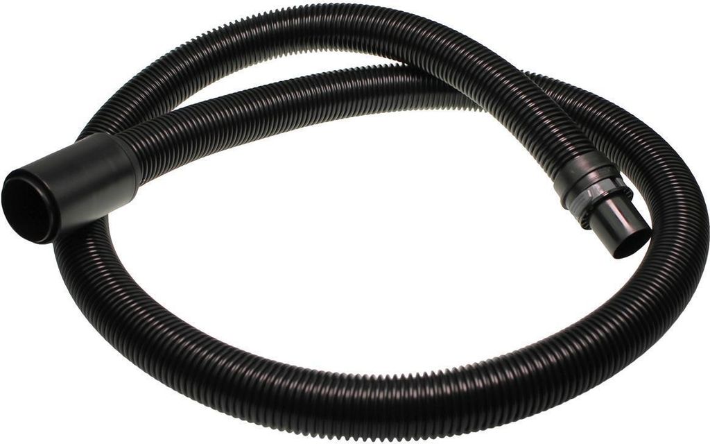 A black, flexible hose with connectors on both ends, laid out in a curve on a white background.