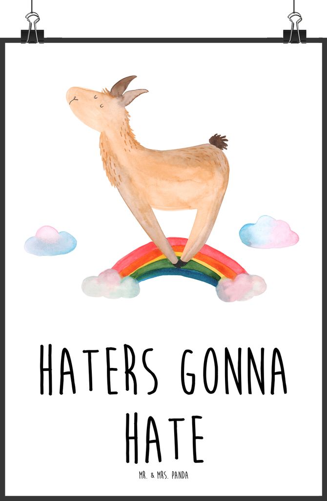 Mr. & Mrs. Panda Bild Lama Regenbogen DIN A0 - Weiß - Geschenk, kunstdruck poster, drucke, wanddeko, Abi, Selbstständig, Lamas, Haters Gonna Hate...