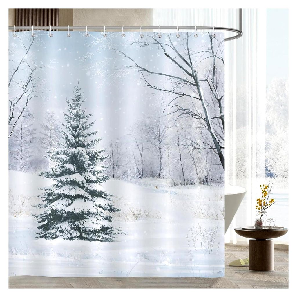 Duschvorhang Winterwald mit Tannenbaum und Schneelandschaft 180 x 180 cm, wasserdicht und schimmelresistent, waschbar