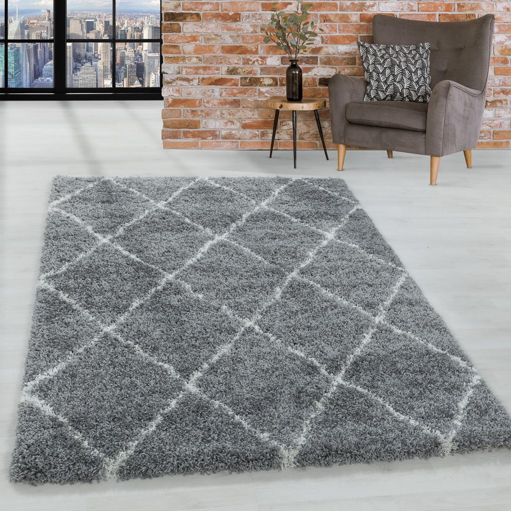 Homebyhome Hochflor Teppich Wohnzimmer Modern, Flauschiger Shaggy Teppich mit Rautenmuster Grösse 160 cm Rund
