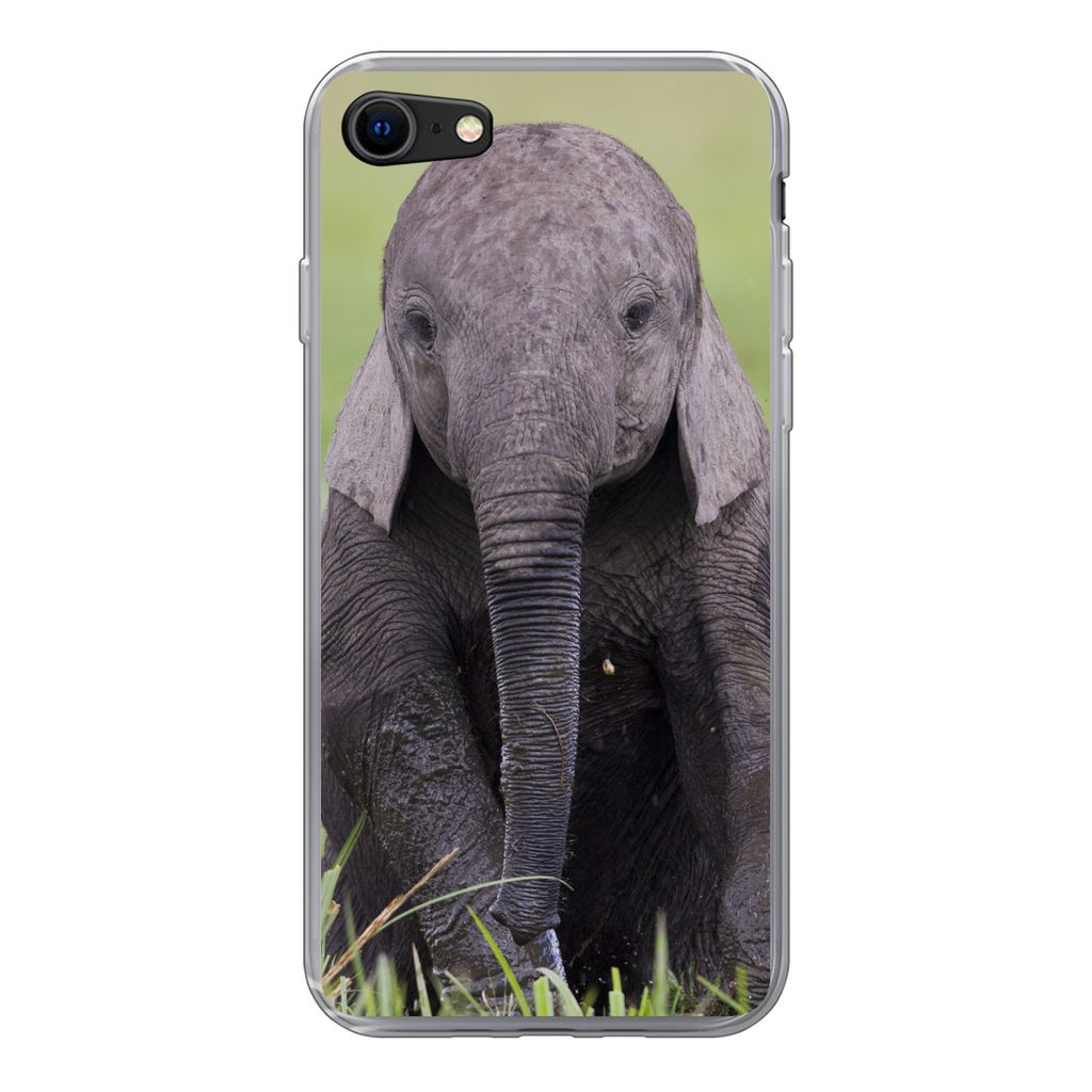MuchoWow Handyhülle Schutzhülle Hülle für iPhone SE 2022 Elefant - Baby - Tiere - Gras - Natur Silikon Softcase Handy Hülle - Schutzhülle