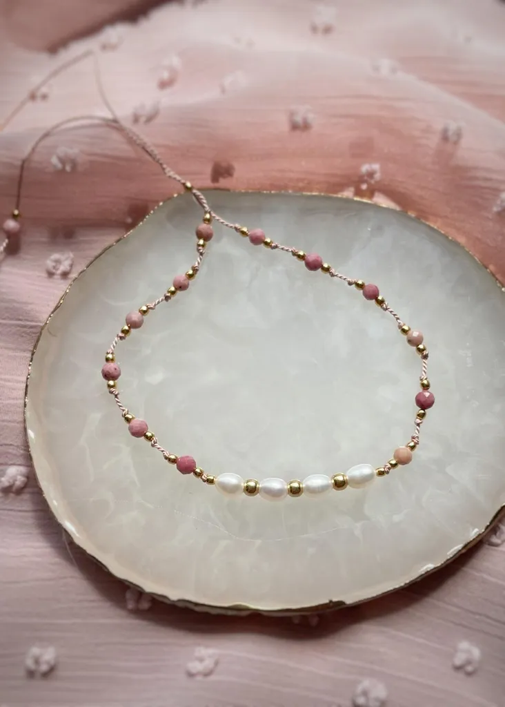 Bracelet pierres naturelles rhodonite rose pour femme en soie fine