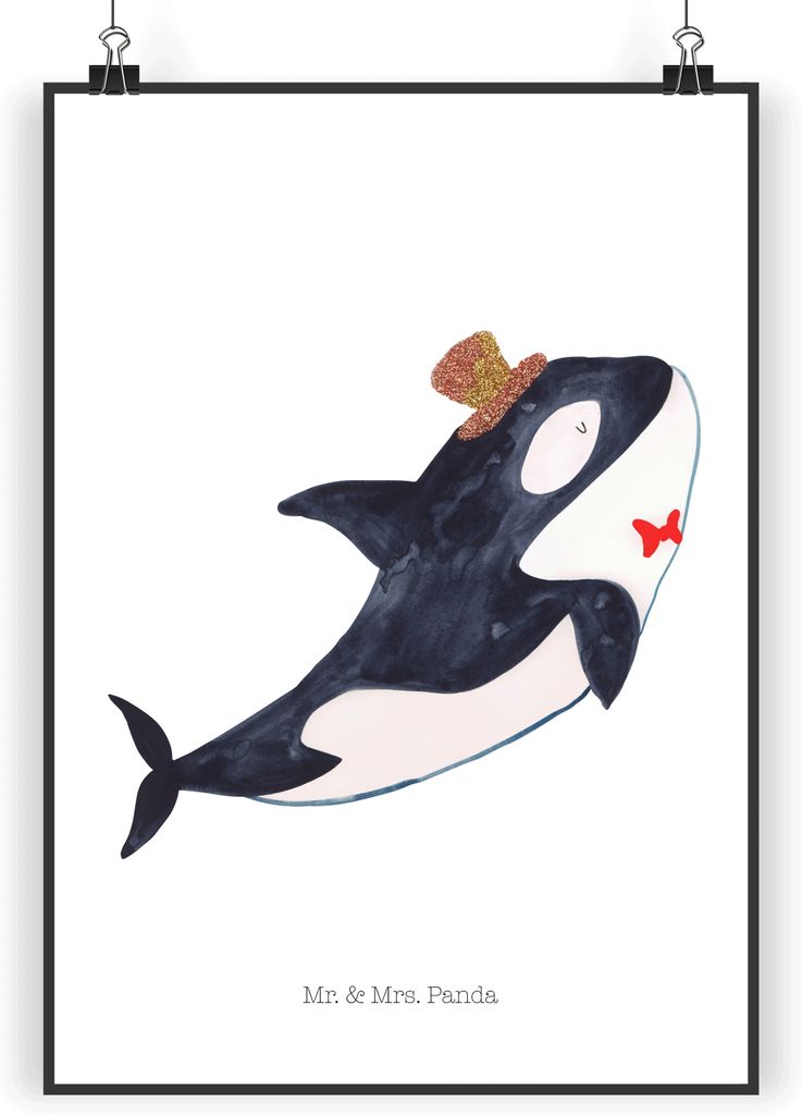 Mr. & Mrs. Panda Bild Orca Zylinder DIN A4 - Weiß - Geschenk, Geburtstag, Kunstdruck, Narwal, Fest, Meer, Glückwunsch, Wandbild, Glitzer, drucke,...