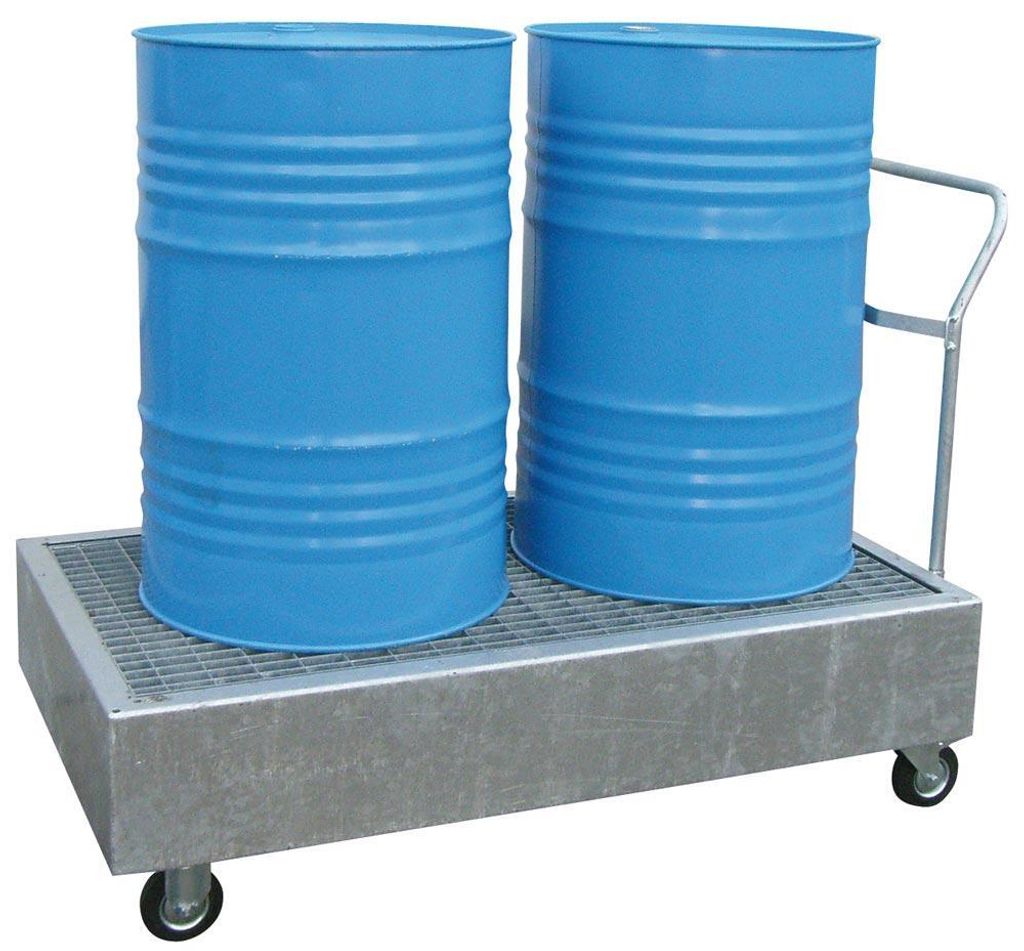 Auffangwanne aus 3 mm Stahlblech, verzinkt, fahrbar, für 2 St. 200-l-Fass, stehende Lagerung, BxTxH 800x1400x405 mm, Auffangvolumen 220 l