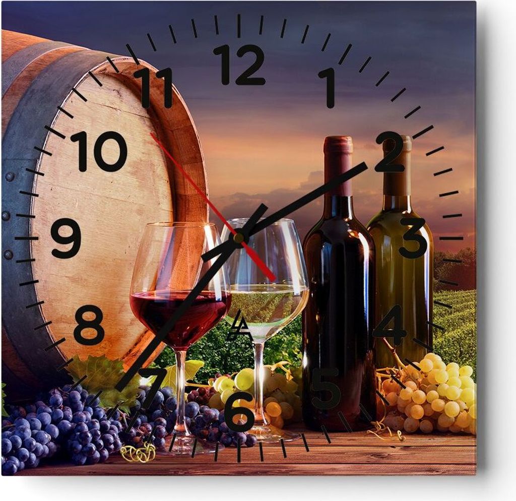 Wanduhr - Quadrat - Glasuhr - Wein Weinberg Sommer - 40x40cm - Schleichendes Uhrwerk - Lautlos - zum Aufhängen bereit - Dekoration Modern - Wandde...
