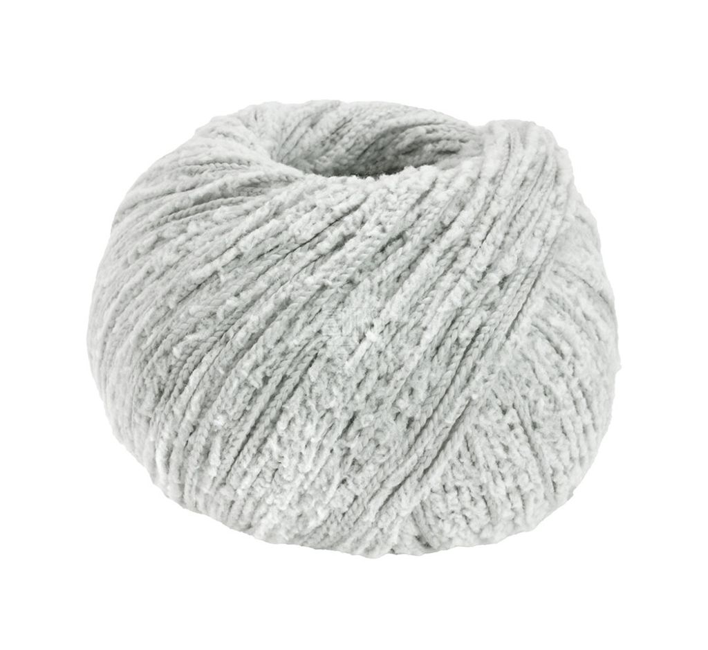 A ball of light gray yarn on a white background.