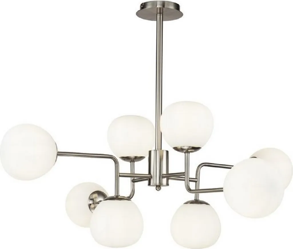 Grand lustre design avec abat-jour en verre dépoli et cadre argenté