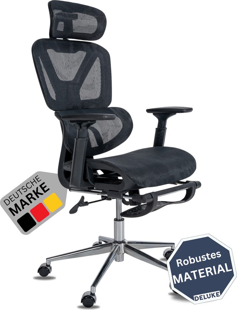 DELUKE Bürostuhl Ergonomisch OLYMPO Schreibtischstuhl mit Rollen | Höhenverstellbarer Drehstuhl, Arbeitsstuhl mit Kopfstütze Fußstütze | Che...