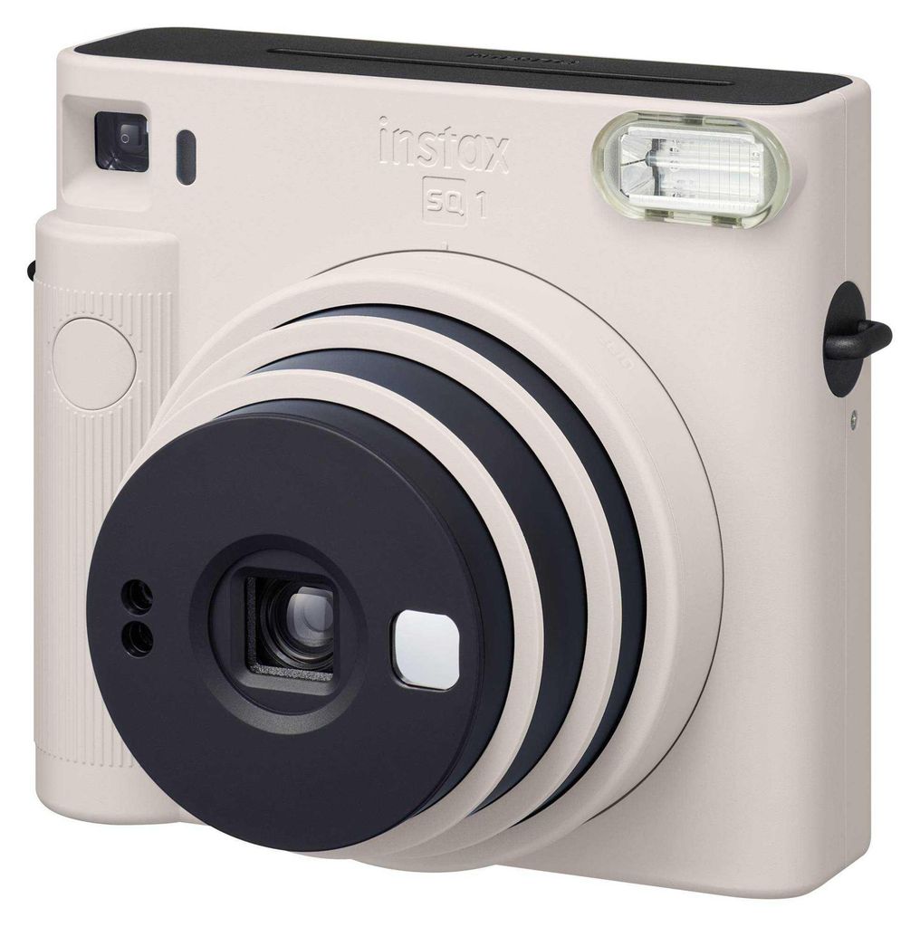 A close-up studio shot of a Fujifilm instax SQUARE SQ 1 chalk white instant camera.