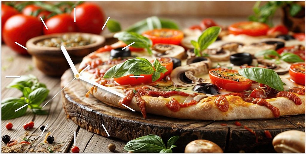 Wanduhr aus Glas mit Motiv Pizza im Holzofen- 60 x 30 cm - inkl. Aufhängesystem