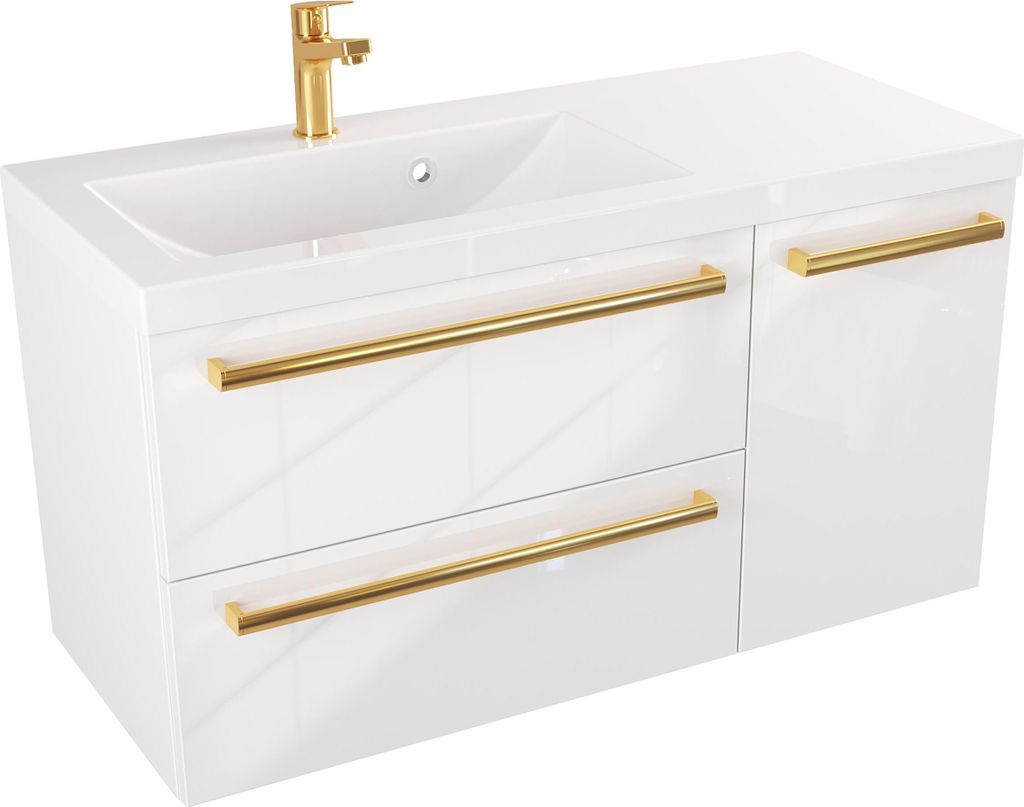 FURNI Waschtischunterschrank ATH 90 cm - Weiß Hochglanz - Hängender Badschrank mit Mineralguss-Waschbecken - Griffe - Vormontiert