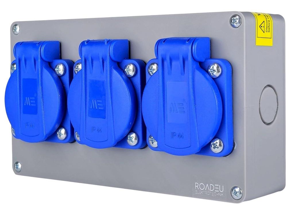 RoadEu Steckdosenverteiler 3-fach Schuko IP44 Aufputz, Vorverdrahtete Außensteckdose 230V mit Klappdeckeln & Kabelverschraubung