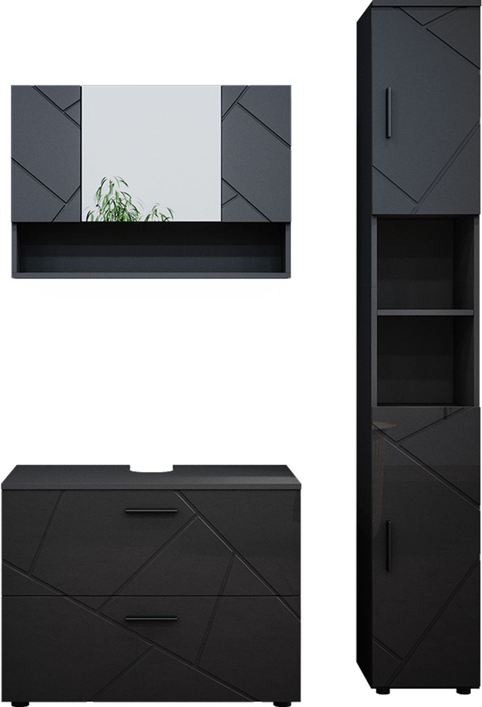 Badmöbel-Set Vicco Irma Anthrazit Hochglanz 3 Teile, mit Spiegelschrank 80 cm, Model 39592