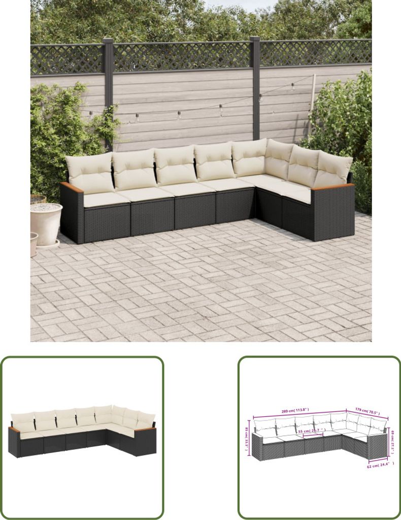 The Living Store 7-tlg. Garten-Sofagarnitur mit Kissen Schwarz Poly Rattan