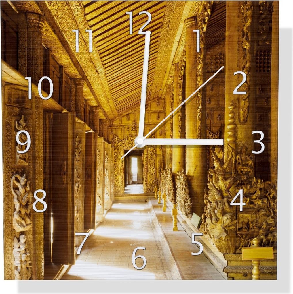 Wallario Design Wanduhr Buddhistischer Tempel aus Holz - Mandaley aus Aluverbund, Größe 30 x 30 cm