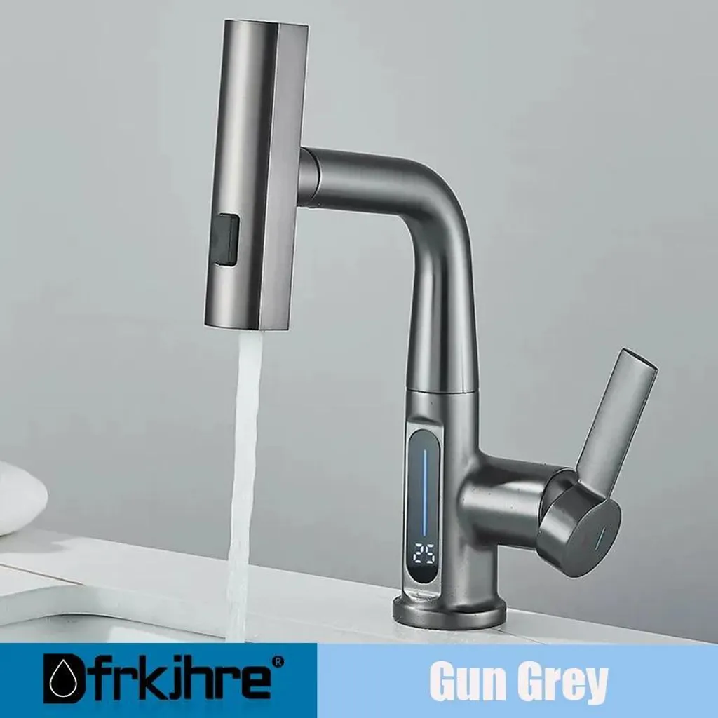 Robinet lavabo à douchette extractible et éclairage LED intégré Gris