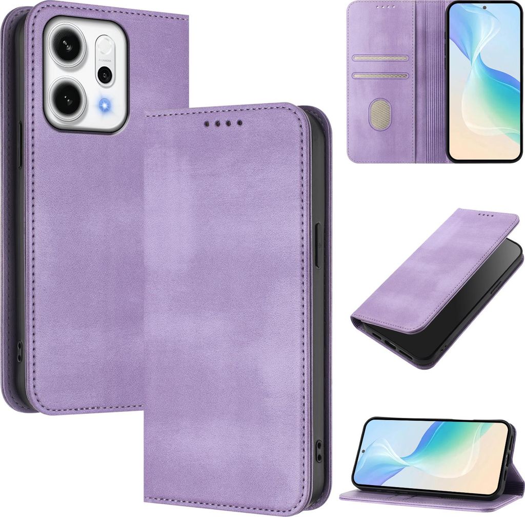 Handyhülle für Oppo Reno14, Vintage Leder RFID Schutz Kartenfach Standfunktion Magnetische Klapphülle Violett